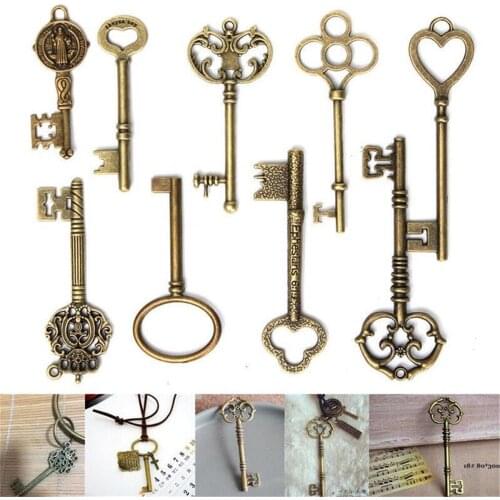 9PCS/set Large Vintage Antique Bronze Skeleton Keys Cabinet Barrel Old Lock