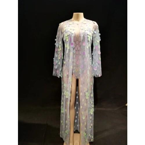 Sparkly Multicolor Sequins Mesh Bodysuit Long Jacket See Through Clothes Set Womens Dance Show Wear Birthday Celebrate Outfit