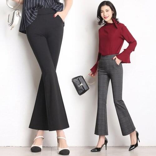 Spring female lattice flared pants female nine pants high waist Slim pants casual stretch Trousers Office Elastic Waist Trousers