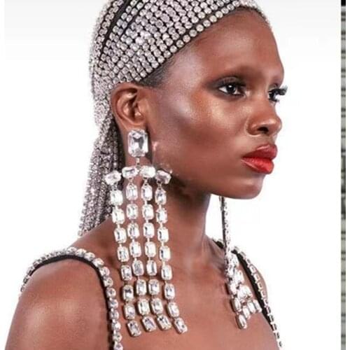 Handmade Rhinestone Long Fringed Big Drop Earrings Accessories for Girl Oversize Crystal Hanging Dangle Earrings Wedding Jewelry