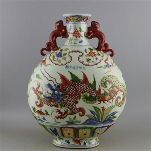 Antique MingDynasty porcelain vase,color dragon ears flat bottle,Hand-painted crafts,Collection&Adornment,Free shipping