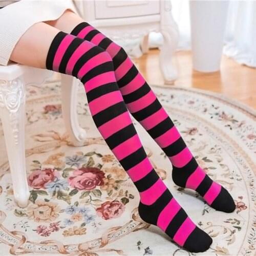 New Girls Stripe Stripy Striped Over The Knee Thigh High Stockings Long Cotton Stripe Colorful Print Super Soft Women Socks