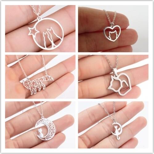 Gothic Origami Moon Cat Stainless Steel Necklace Vintage Korean Animal Necklace Statement Jewelry Christmas Gifts for Women 2020