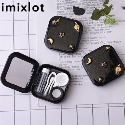 Imixlot Newest Charm Fashion Moon Star Pattern Black Contact Lens Case with Mirror for Women Kit Holder Portable Eyewear Box