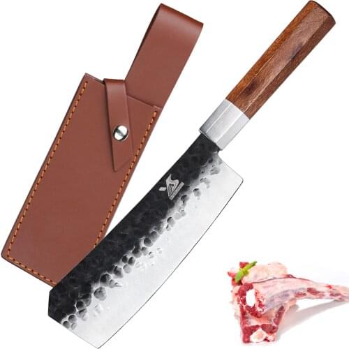 BIGSUNNY Handmade Bone Chopper - Hammered Butcher Knife - Stainless Steel - 7.5 Inch Blade - Octagonal Rosewood Handle