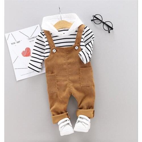 Boy Outfits Kids Clothes Sets Two Piece T Shirt and Corduroy Strap Pants Casual Long Sleeve Striped Hoodies Child Clothing