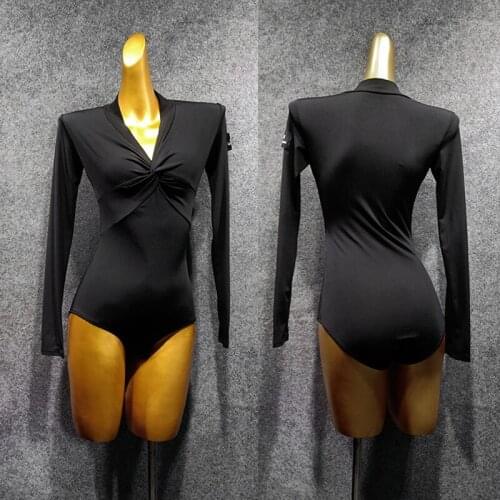 Latin Dance Tops Adults Balck Long Sleeve Sexy V-Neck Leotard Shirts Tango Rumba Salsa Cha Cha Samba Women Practice Wear DN4886