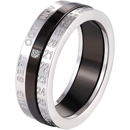 Hot Sell Titanium Steel Middle Black Inlaid Zircon Silver Color Date And Month Can Rotated Ring For Men And Women Jewelry Gift