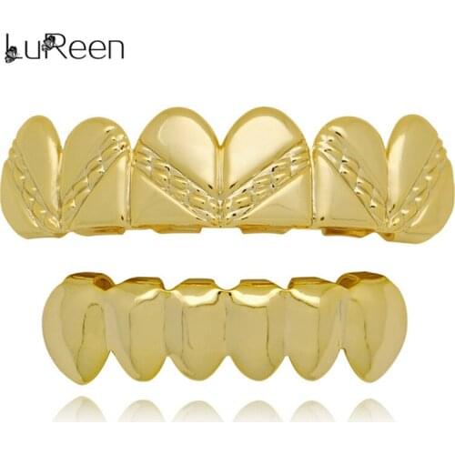 LuReen Fashion Twist Stripe Gold Teeth Grillz For Women Men Silver Color Top Bottom Grills Set Cosplay Tooth Caps Jewelry Gift