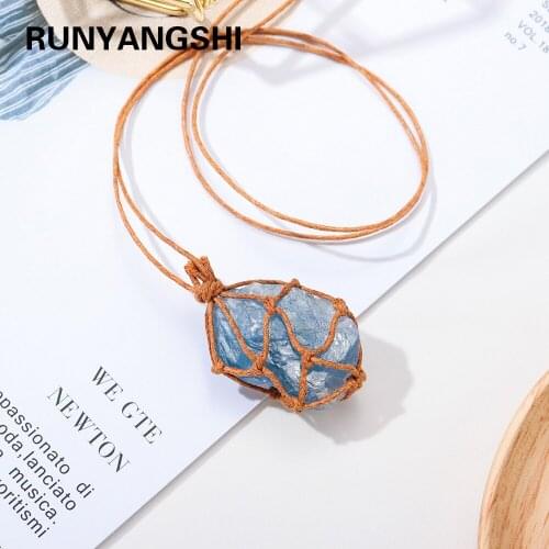 Natural Blue celestite Raw Hand weaving Net pocket Pendant Healing Gemstone Unpolished Necklace Jewelry