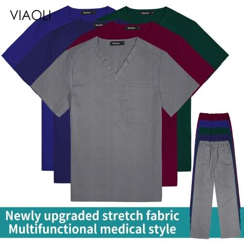 Solid Color Nurse Tops and Pants Nursing Scrubs Blouse Casual Short Sleeved Scrubs Working Uniforms V-neck Pocket Doctor Clothes