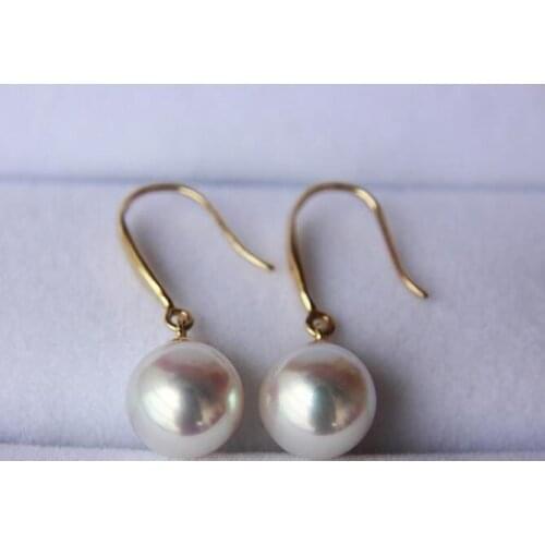 Free shipping stunning pair of 10-11mm south sea white pearl dangle earring 14k
