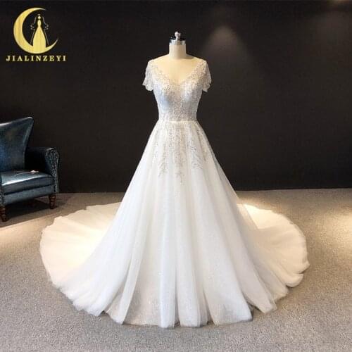 JIALINZEYI Real Picture Short Sleeves Beads Crystal V Neck A-line Bridal Wedding Dresses wedding gown dresse 2019