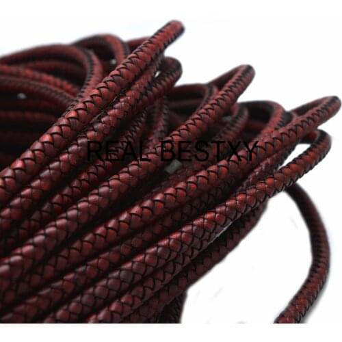 REAL BESTXY 1m/lot 6mm round braided genuine leather cords red cowhide leather lace for bracelets bangle leather vintage cords