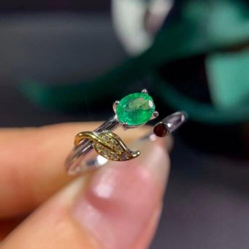 Adjustable size Lovely leaves Natural green emerald Ring S925 Silver Natural Gemstone Ring Womens girl party fine ewelry