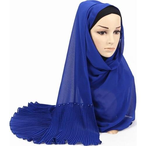 Wrinkled Edges Bubble Chiffon Muslim Hijab Scarf With Pearl Decor Islamic Women Scarf Shawl Wrap Islam Turban Headscarf 72*185CM