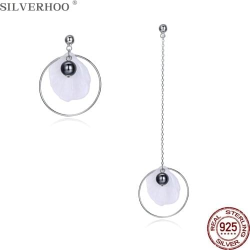 SILVERHOO Long Tassel 925 Sterling Silver Circle Asymmetry Earrings Dangle For Women Shell & Trendy Shell Pearl Drop Earring