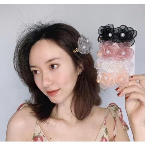 Elegant Pearl Floral Women Hairpin Fairy Mesh Flower Alligator Clip Side Barrettes Handmade Hair Grips Korean Accessories