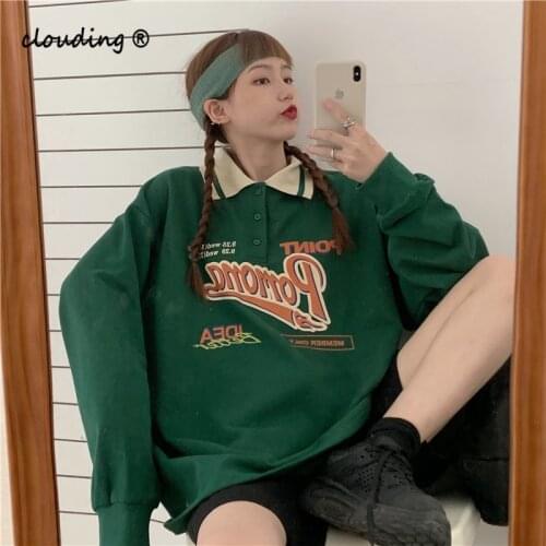 Oversized Letter Print Polo Collar Women Hoodies Korean Trendy 2020 Autumn Causal Long Sleeve Sweatshirt Loose Harajuku Top