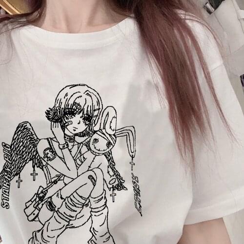 Black Cotton T-Shirts Harajuku Woman Tshirts Y2k Tops Aesthetic Vintage Femme T-shirts Korean Style Oversized Short Sleeve