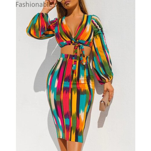 Women Colorblock Striped Print Tie Front Crop Top & Midi Skirt 2 Piece Sets