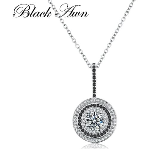 [BLACK AWN] Genuine 100% 925 Sterling Silver Womens Necklace Fine Jewelry Round Bijoux Black Spinel Pendants Necklace P074