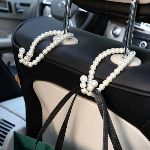 2pcs Pearl Auto Car Seat Headrest Hanger Bag Sundries Hooks Holder Bag Purse Cloth Grocery Storage Fastener Clip Accessories