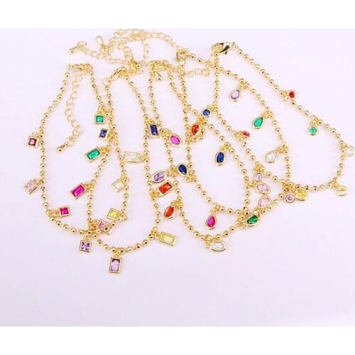 6PCS, Womens Round/Drop/Square Geometric Multi CZ Crystal Charm Dangle Link Chain Bracelet