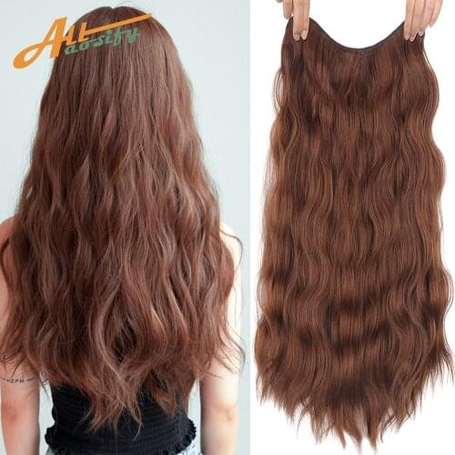 Allaosify V-Cut Water Wavy Women Clip in Hair Extensions Black Brown High Temperature Synthetic Hair Piece 5 Clips
