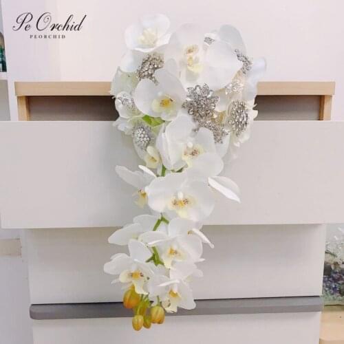 PEORCHID Brooch Butterfly Orchid Wedding Bouquet Waterfall White Artificial Crystal Cascading flowers Bouquet Bridal Decor