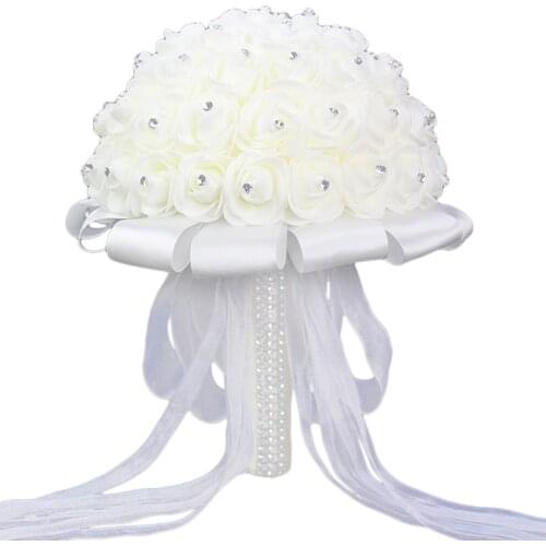 Bouquet of Bridesmaid Silk Flowers Wedding Foam flowers White Rose Bridal Bouquet White Satin Romantic Wedding Bouquet