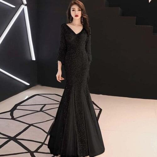 Black Sequin Mermaid Chinese Evening Dress Long Cheongsam Modern V Neck Oriental Style Qi Pao Women Qipao Promotion Party Gown