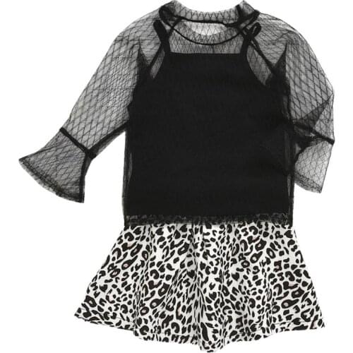 Cotton Clothes Set Summer Toddler Girl Long Sleeve High Collar Mesh Tops Vest Cow Printing Skirt Casual Sweet Cute Suit