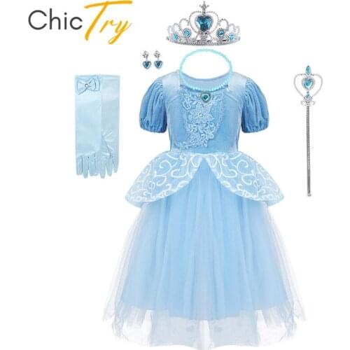 ChicTry Kids Girls Fairy Tale Cosplay Dress Crown Wand Set Children Birthday Party Halloween Roleplay Gown Princess Costume Suit