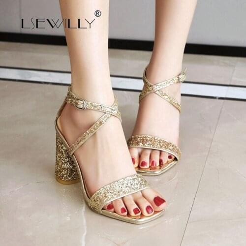 Lsewilly Women Shoes Summer Sandals Glitter Round Heel Cross-tied Shoes Buckle Super High Heel Party Sandals Ladies Plus Size