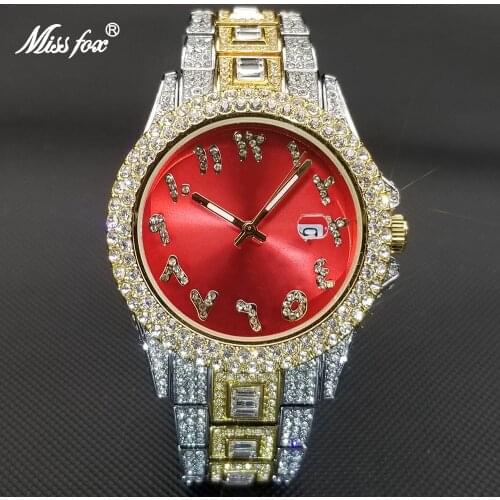 MISSFOX Iced Out Men Wristwatch Luxury Full Diamond Quartz Watches For Men Or Women Classic Stylish Red Dial Waterproof Watch