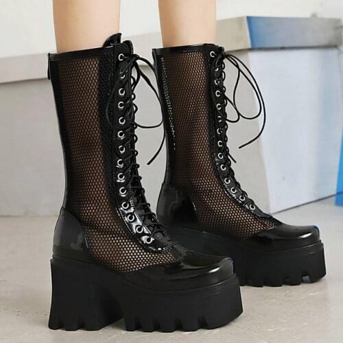 Mesh Sandals Boots Women 2021 High Heels Knee High Boots Summer Square toe Sexy Lace-up Shoes Hollow Back Zip Black Boots Female