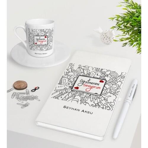 Personalized Öğretmenimi White I Love Notebook Pen Turkish coffee Cup Seti-1