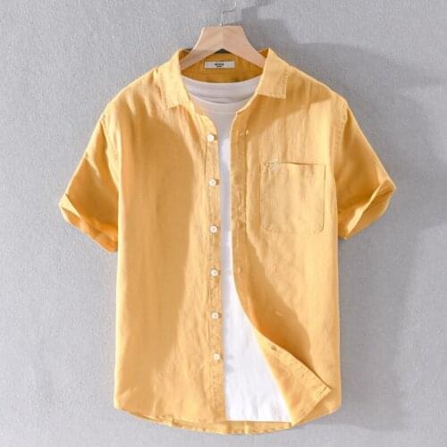 Stand collar linen and cotton summer shirt for men yellow brand shirts men solid fashion shirt mens casual tops overhemd camisa