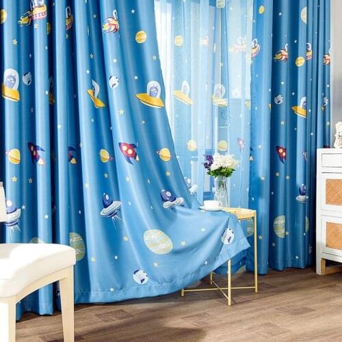 Cartoon Rocket Spaceship Printed Curtain for Kids Children Boy Blackout Nursery Blue Outer Space French Window Blinds zh416C