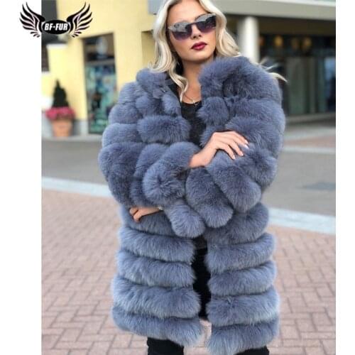 BFFUR Woman Real Fox Fur Coat 90cm Long Thick Warm Genuine Blue Fox Fur Jackets Whole Skin Natural Women Fur Overcoats Luxury