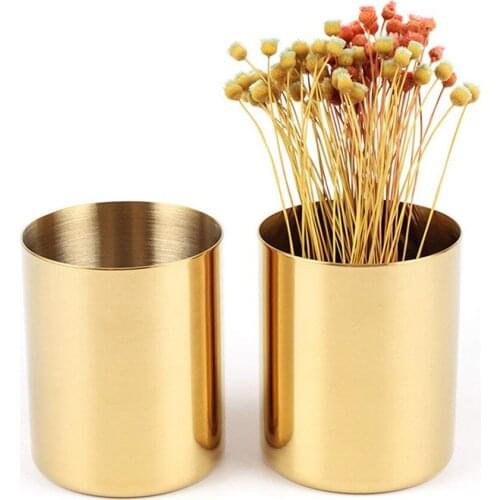 Modern Gold Round Metal Pencil Holder Pen Pots Desktop Organizer Accent Vase