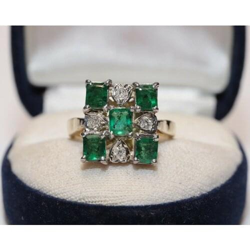 OLD ORIGINAL VINTAGE 14K GOLD NATURAL DIMAOND AND EMERALD DECORATED PRETTY RING