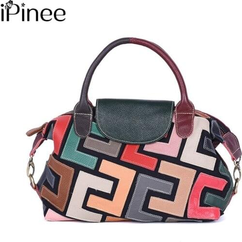 IPinee Cowhide Leather Women Handbags Vintage High Quality Pillow Shape Top-handle Bag Female Shoulder Messenger Bag