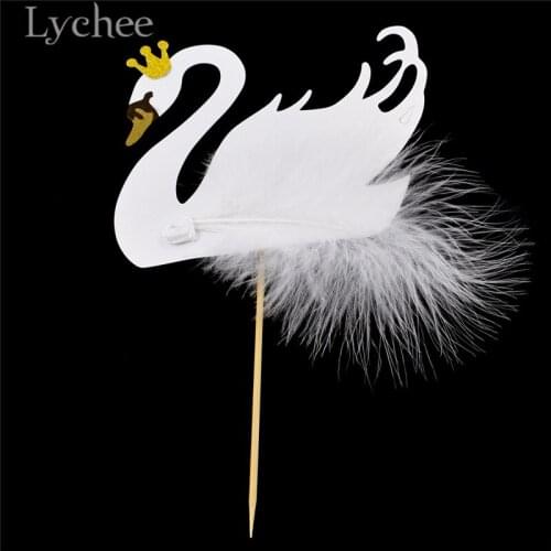 Lychee Life 5pcs White Swan Crown Feather Cake Topper Cupcake Topper Dessert Decors Birthday Cake Decoration Supplies