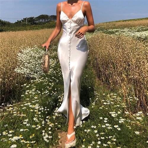 2021 Fashion Trend Women Spring New Slim Long Dress Sleeveless Buttons Decor Solid Color Fitting Clubwear Split Maxi Dress