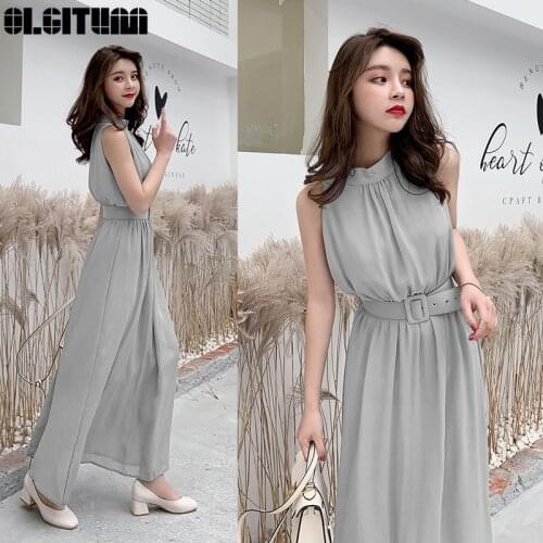2021 Summer Women Korean Elegant Slim Long Dress Solid Soft Chiffon Sleeveless Sashes Decorated Female Bodycon Maxi Dress