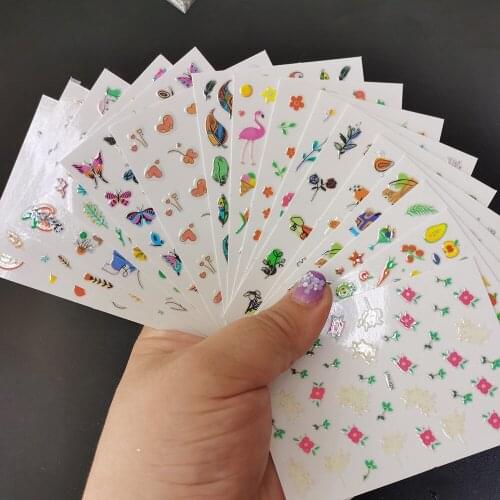 12sheets Summer-Green Nail 3Dstickers Fresh Clover Jungle Leaf Decal Flamingo,Sunflower Silder Press on Nail DIY Sticker 8*10cm