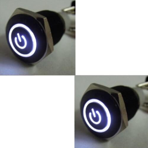 2 X 16mm White Power Symbol&angle eye 12V LED Push Button Metal ON/OFF Switch