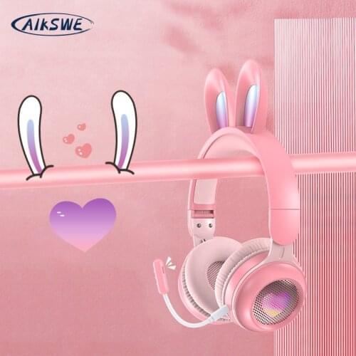 AIKSWE Glowing Wireless Headphones Flash Light Rabbit Ear HIFI Stereo With Mic Headset For Girls Kids Gift Bluetooth-Compatible